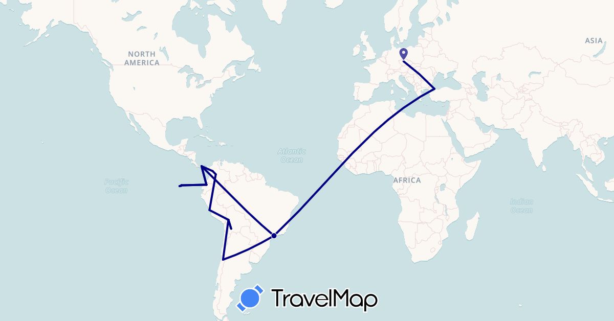 TravelMap itinerary: driving in Bolivia, Brazil, Chile, Colombia, Czech Republic, Ecuador, Panama, Peru, Turkey (Asia, Europe, North America, South America)